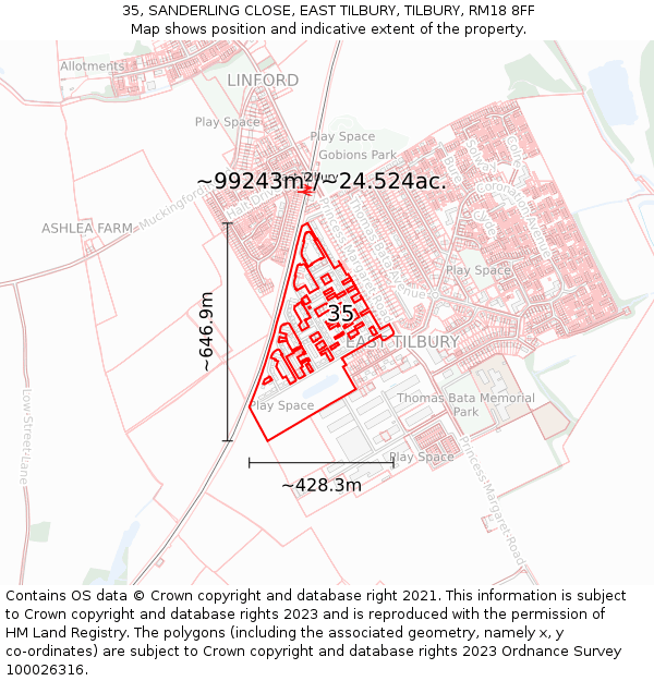 35, SANDERLING CLOSE, EAST TILBURY, TILBURY, RM18 8FF: Plot and title map