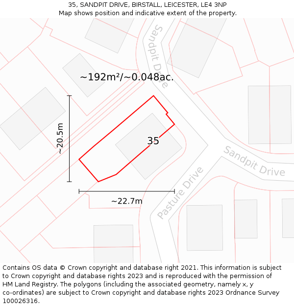 35, SANDPIT DRIVE, BIRSTALL, LEICESTER, LE4 3NP: Plot and title map