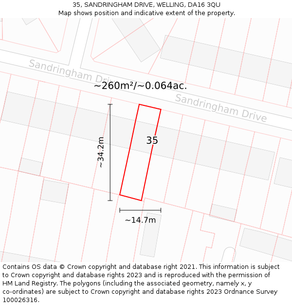 35, SANDRINGHAM DRIVE, WELLING, DA16 3QU: Plot and title map