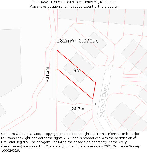 35, SAPWELL CLOSE, AYLSHAM, NORWICH, NR11 6EF: Plot and title map