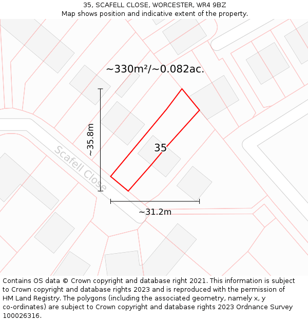 35, SCAFELL CLOSE, WORCESTER, WR4 9BZ: Plot and title map