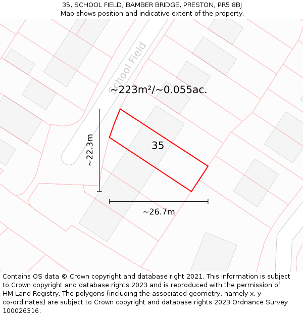 35, SCHOOL FIELD, BAMBER BRIDGE, PRESTON, PR5 8BJ: Plot and title map