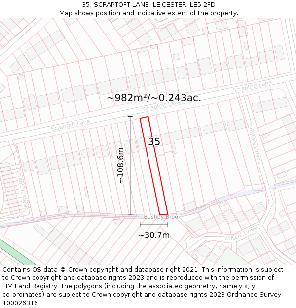 35, SCRAPTOFT LANE, LEICESTER, LE5 2FD: Plot and title map