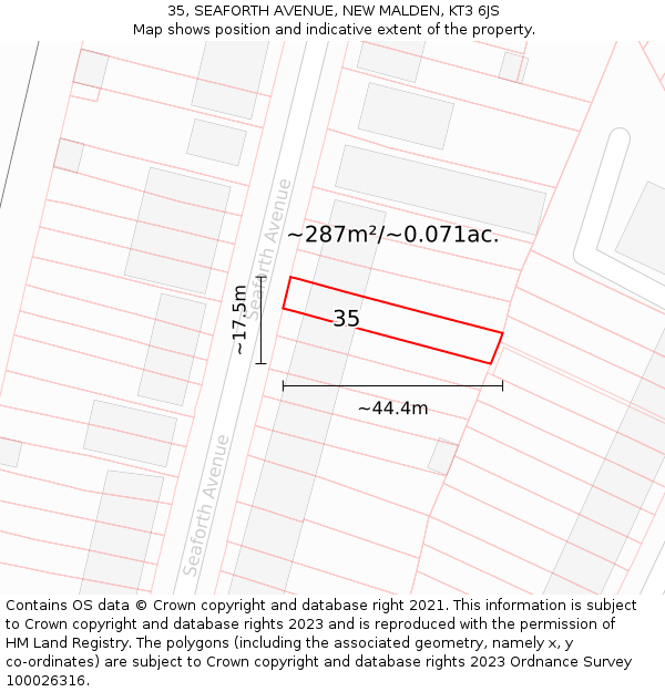 35, SEAFORTH AVENUE, NEW MALDEN, KT3 6JS: Plot and title map