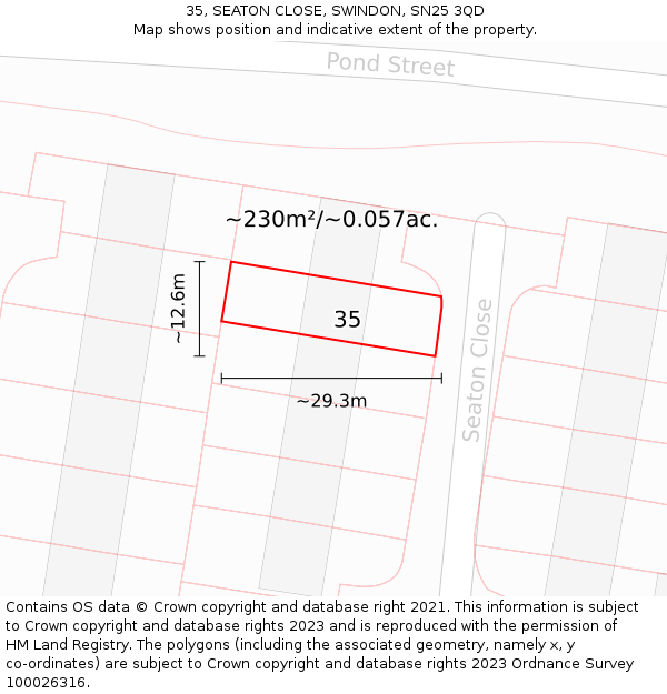 35, SEATON CLOSE, SWINDON, SN25 3QD: Plot and title map