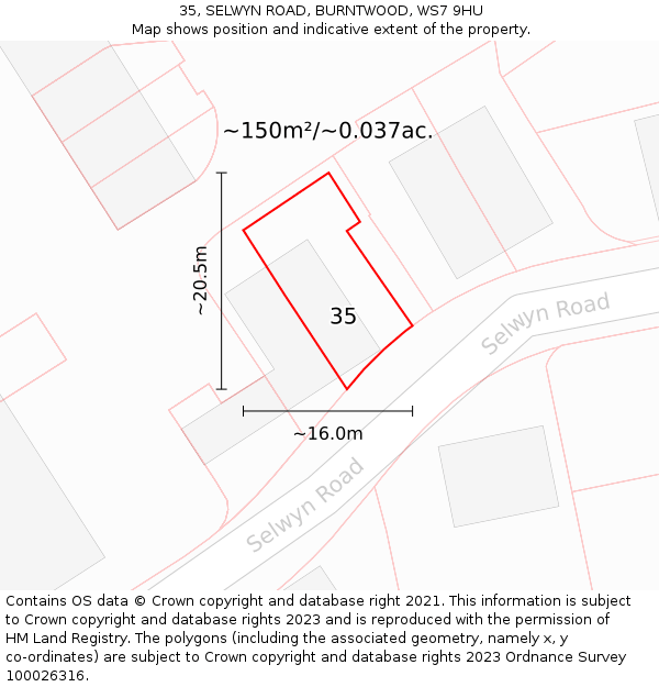 35, SELWYN ROAD, BURNTWOOD, WS7 9HU: Plot and title map