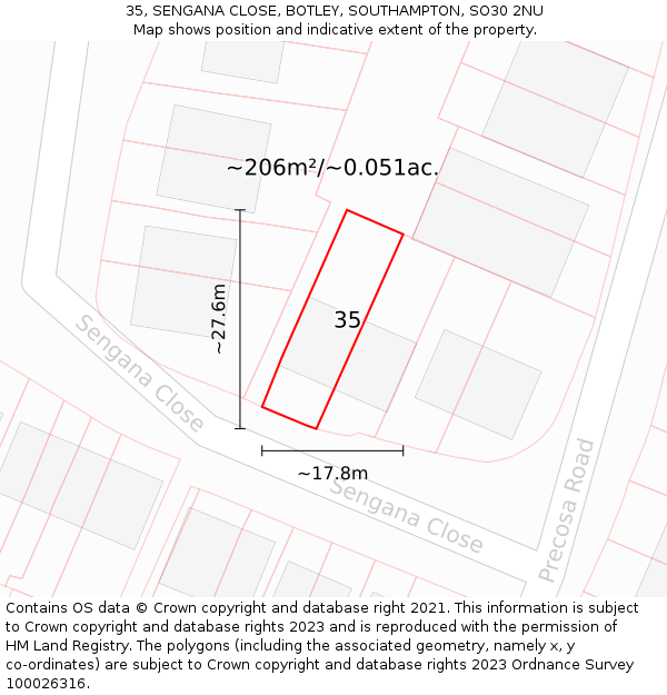 35, SENGANA CLOSE, BOTLEY, SOUTHAMPTON, SO30 2NU: Plot and title map