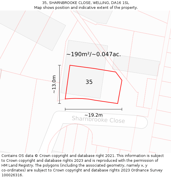 35, SHARNBROOKE CLOSE, WELLING, DA16 1SL: Plot and title map