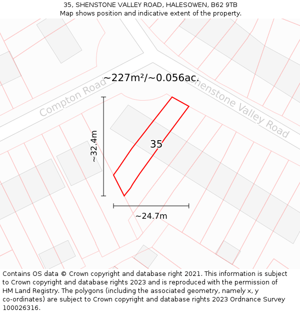 35, SHENSTONE VALLEY ROAD, HALESOWEN, B62 9TB: Plot and title map