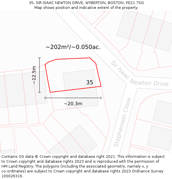 35, SIR ISAAC NEWTON DRIVE, WYBERTON, BOSTON, PE21 7SG: Plot and title map