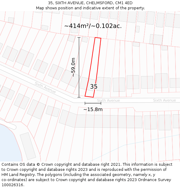 35, SIXTH AVENUE, CHELMSFORD, CM1 4ED: Plot and title map
