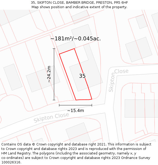 35, SKIPTON CLOSE, BAMBER BRIDGE, PRESTON, PR5 6HF: Plot and title map