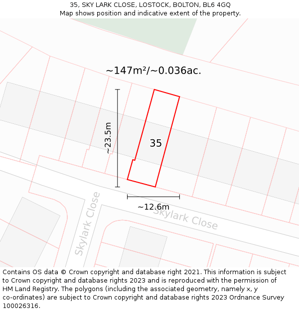 35, SKY LARK CLOSE, LOSTOCK, BOLTON, BL6 4GQ: Plot and title map