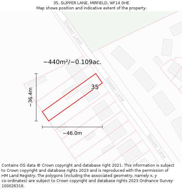 35, SLIPPER LANE, MIRFIELD, WF14 0HE: Plot and title map