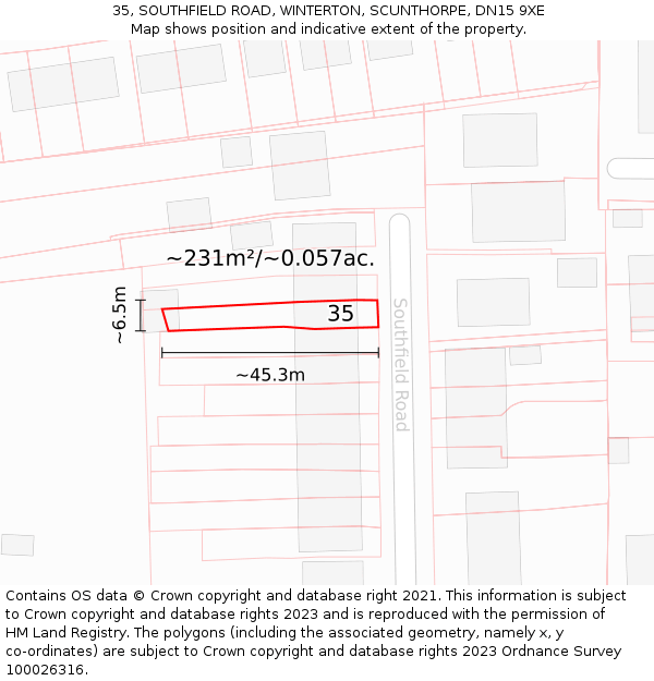 35, SOUTHFIELD ROAD, WINTERTON, SCUNTHORPE, DN15 9XE: Plot and title map