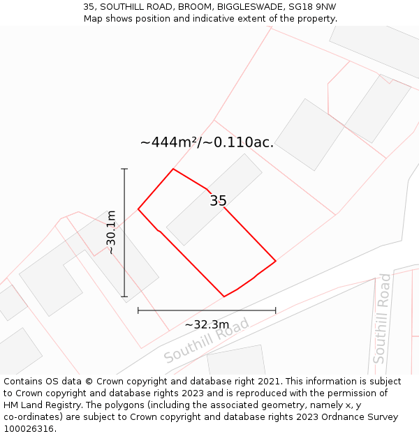 35, SOUTHILL ROAD, BROOM, BIGGLESWADE, SG18 9NW: Plot and title map