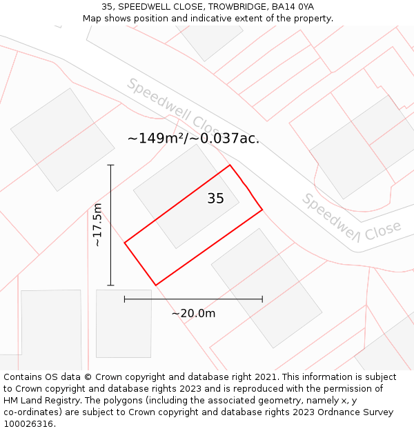 35, SPEEDWELL CLOSE, TROWBRIDGE, BA14 0YA: Plot and title map