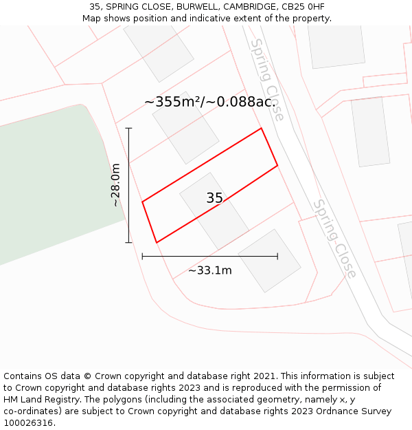 35, SPRING CLOSE, BURWELL, CAMBRIDGE, CB25 0HF: Plot and title map