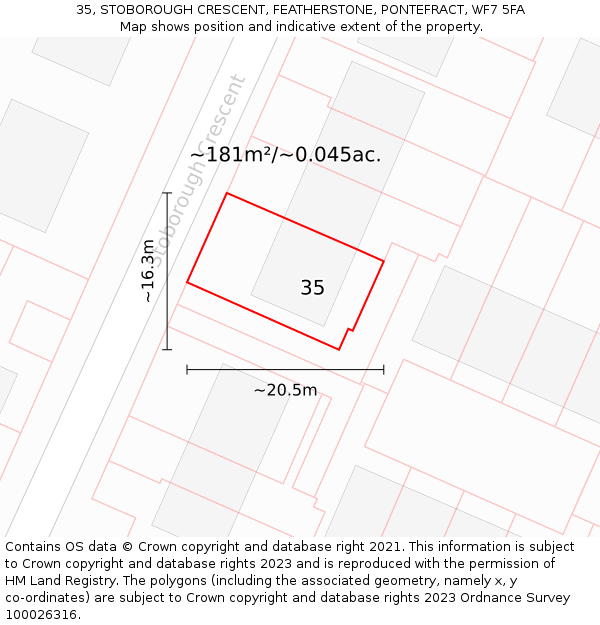 35, STOBOROUGH CRESCENT, FEATHERSTONE, PONTEFRACT, WF7 5FA: Plot and title map