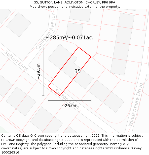 35, SUTTON LANE, ADLINGTON, CHORLEY, PR6 9PA: Plot and title map