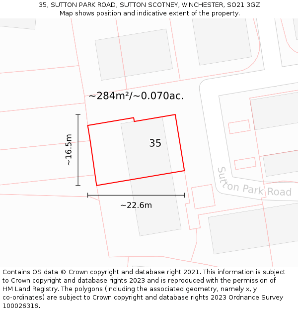 35, SUTTON PARK ROAD, SUTTON SCOTNEY, WINCHESTER, SO21 3GZ: Plot and title map