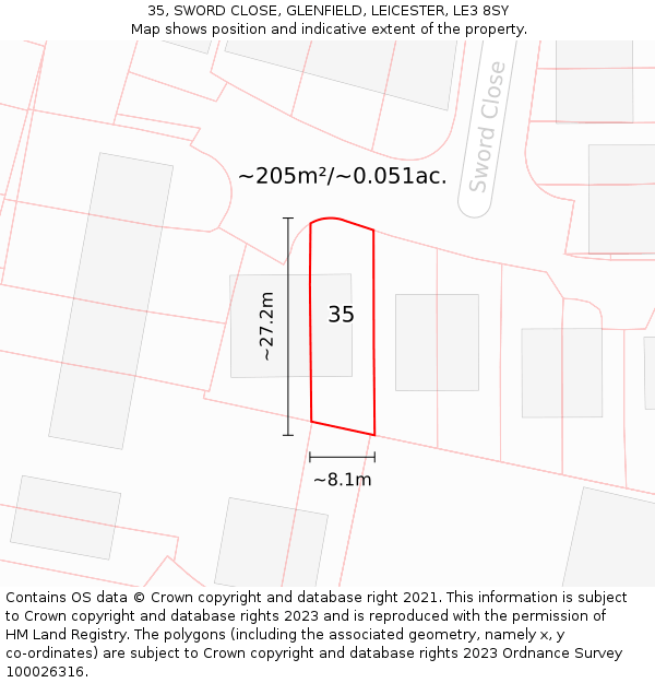 35, SWORD CLOSE, GLENFIELD, LEICESTER, LE3 8SY: Plot and title map
