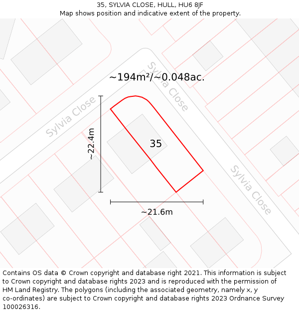 35, SYLVIA CLOSE, HULL, HU6 8JF: Plot and title map