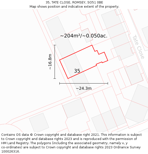 35, TATE CLOSE, ROMSEY, SO51 0BE: Plot and title map
