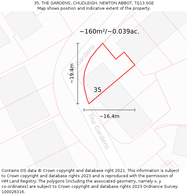 35, THE GARDENS, CHUDLEIGH, NEWTON ABBOT, TQ13 0GE: Plot and title map