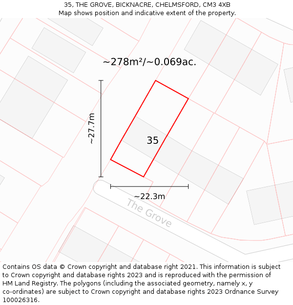 35, THE GROVE, BICKNACRE, CHELMSFORD, CM3 4XB: Plot and title map
