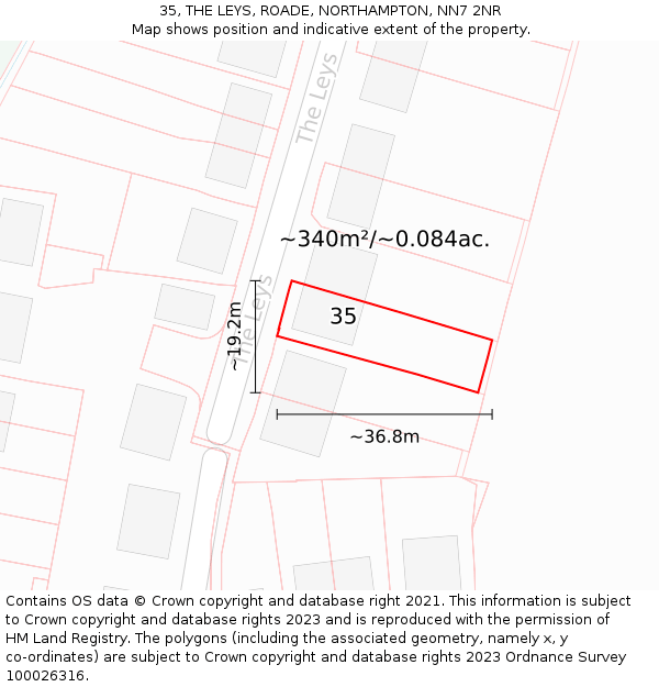 35, THE LEYS, ROADE, NORTHAMPTON, NN7 2NR: Plot and title map