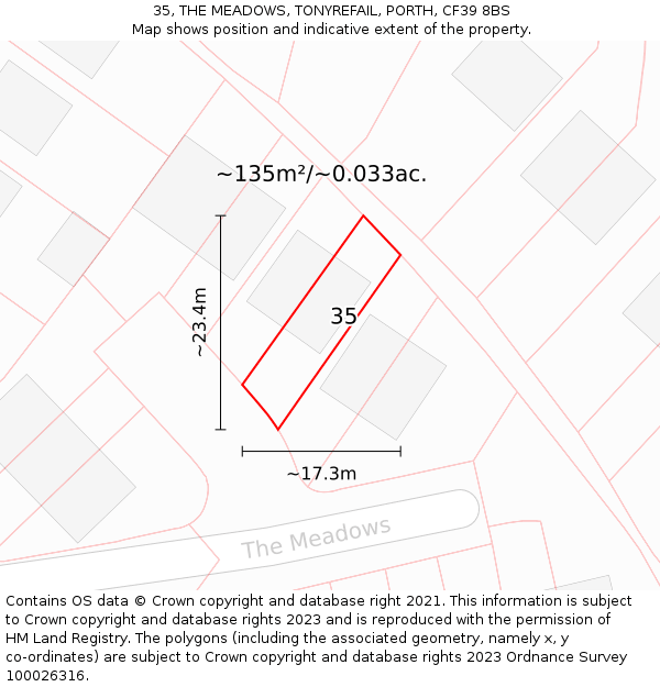 35, THE MEADOWS, TONYREFAIL, PORTH, CF39 8BS: Plot and title map