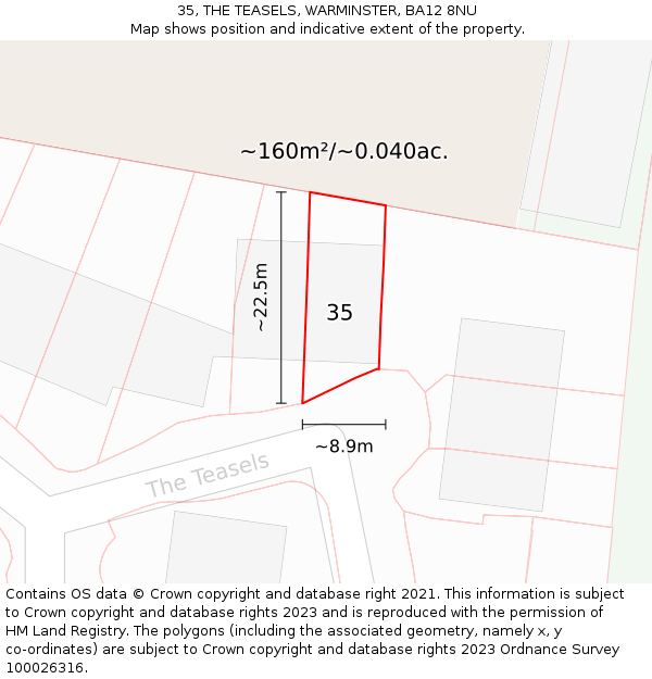 35, THE TEASELS, WARMINSTER, BA12 8NU: Plot and title map