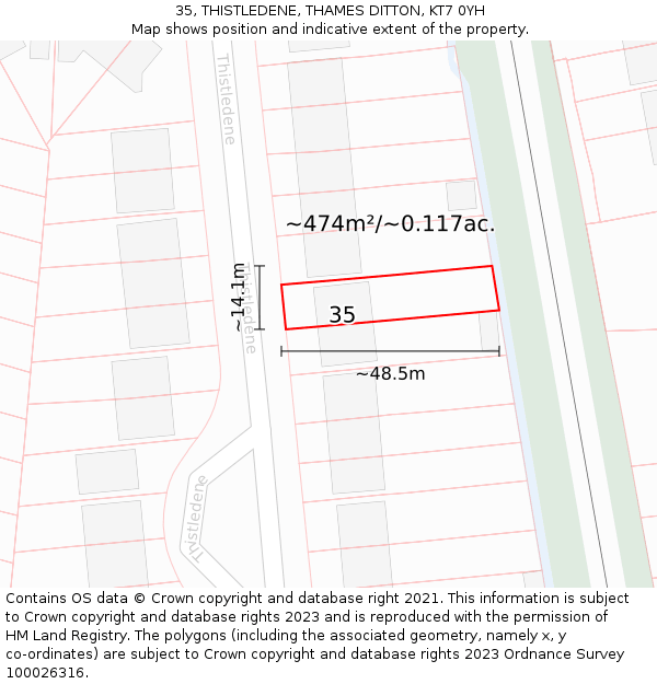 35, THISTLEDENE, THAMES DITTON, KT7 0YH: Plot and title map