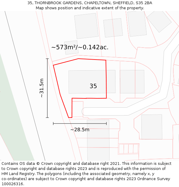 35, THORNBROOK GARDENS, CHAPELTOWN, SHEFFIELD, S35 2BA: Plot and title map