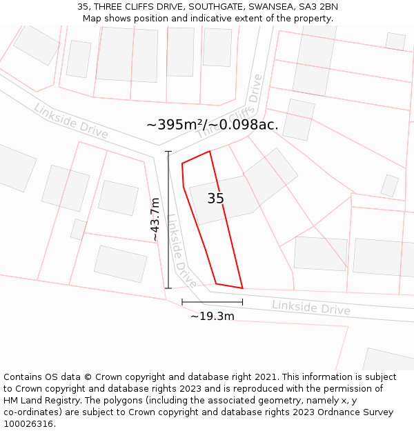 35, THREE CLIFFS DRIVE, SOUTHGATE, SWANSEA, SA3 2BN: Plot and title map