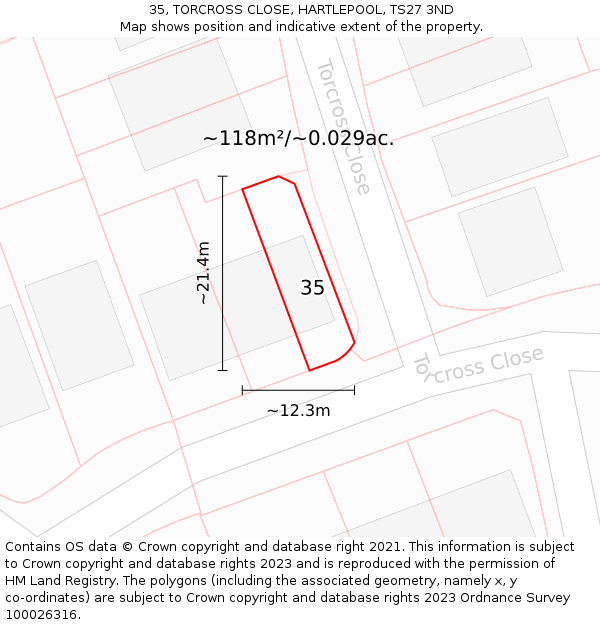 35, TORCROSS CLOSE, HARTLEPOOL, TS27 3ND: Plot and title map