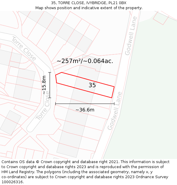 35, TORRE CLOSE, IVYBRIDGE, PL21 0BX: Plot and title map
