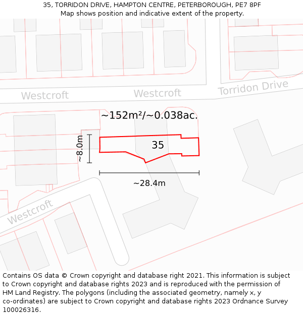 35, TORRIDON DRIVE, HAMPTON CENTRE, PETERBOROUGH, PE7 8PF: Plot and title map