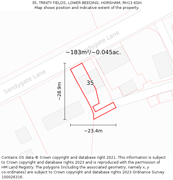 35, TRINITY FIELDS, LOWER BEEDING, HORSHAM, RH13 6GH: Plot and title map