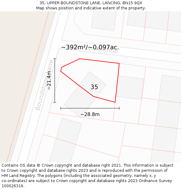 35, UPPER BOUNDSTONE LANE, LANCING, BN15 9QX: Plot and title map