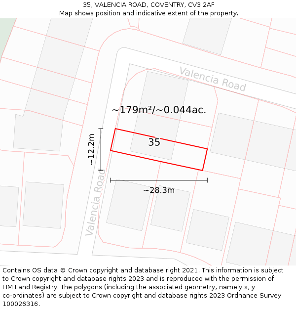 35, VALENCIA ROAD, COVENTRY, CV3 2AF: Plot and title map