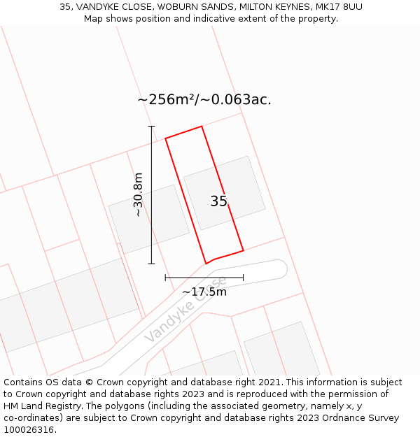35, VANDYKE CLOSE, WOBURN SANDS, MILTON KEYNES, MK17 8UU: Plot and title map