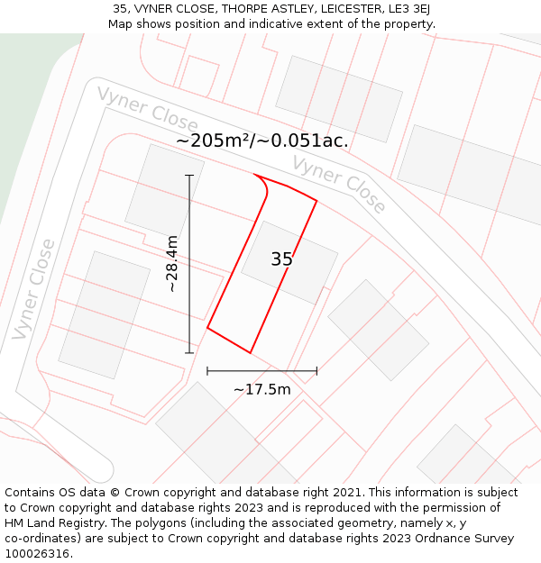 35, VYNER CLOSE, THORPE ASTLEY, LEICESTER, LE3 3EJ: Plot and title map