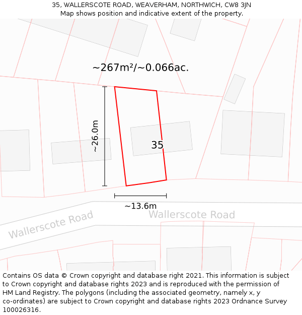 35, WALLERSCOTE ROAD, WEAVERHAM, NORTHWICH, CW8 3JN: Plot and title map
