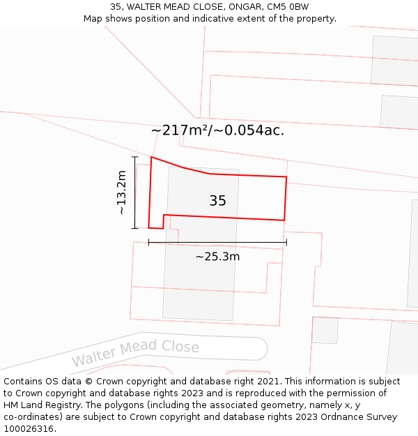 35, WALTER MEAD CLOSE, ONGAR, CM5 0BW: Plot and title map