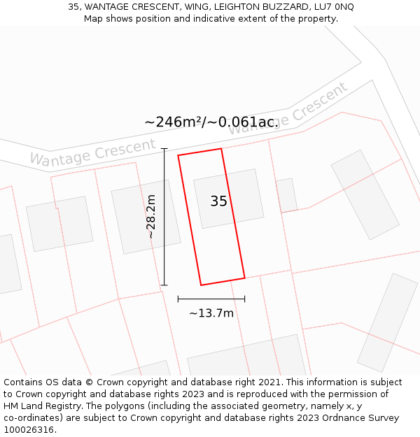 35, WANTAGE CRESCENT, WING, LEIGHTON BUZZARD, LU7 0NQ: Plot and title map