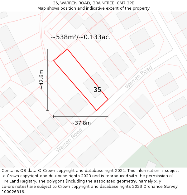 35, WARREN ROAD, BRAINTREE, CM7 3PB: Plot and title map