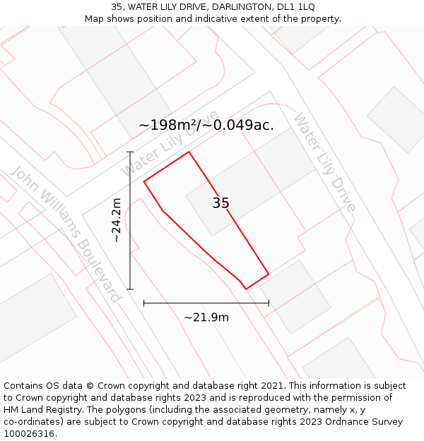 35, WATER LILY DRIVE, DARLINGTON, DL1 1LQ: Plot and title map