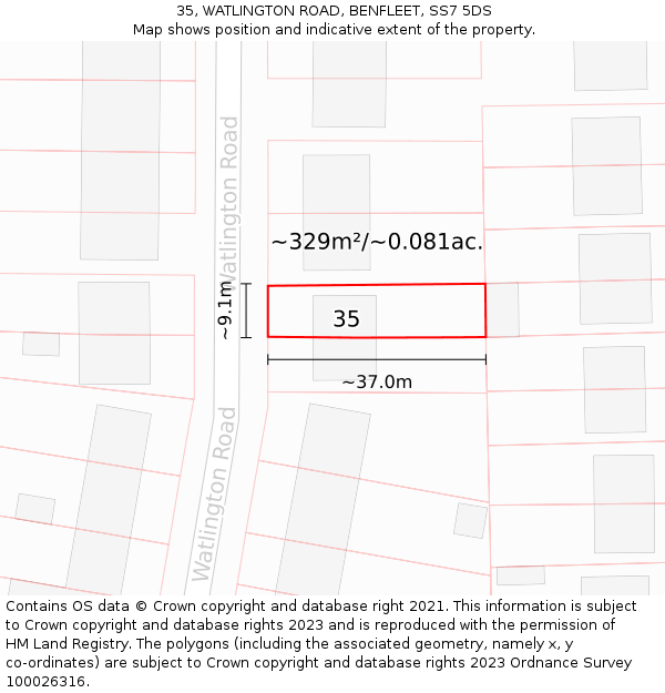 35, WATLINGTON ROAD, BENFLEET, SS7 5DS: Plot and title map